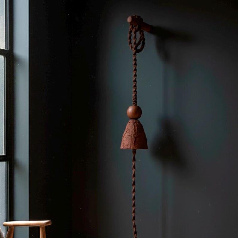 May include: A rustic, brown wind chime hanging on a dark wall. The chime features a twisted rope, a wooden sphere, and a bell-shaped element. The design is simple and elegant, suitable for indoor or outdoor decor.