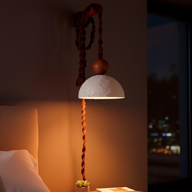 Plug in Wall Sconce Lamp : Black Clay Travertine Shade , Bedside Light image 6