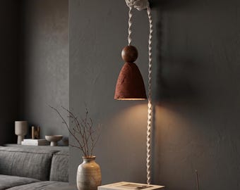 Unique Plug in  Terracotta Wall Scone: Macrame Cord Pendant | Rustic Boho Lighting
