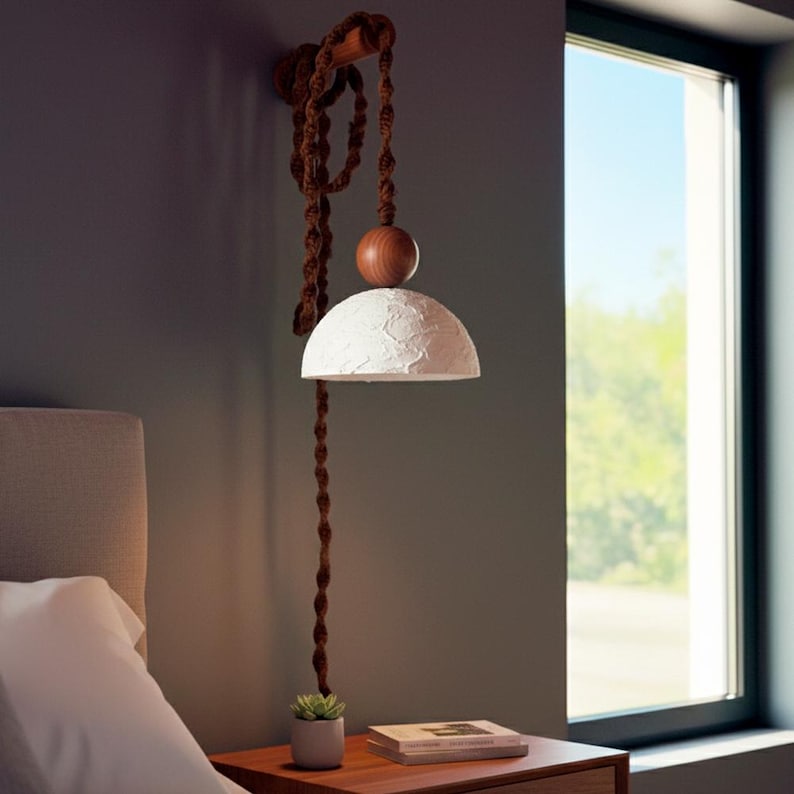 Plug in Wall Sconce Lamp : Black Clay Travertine Shade , Bedside Light image 4
