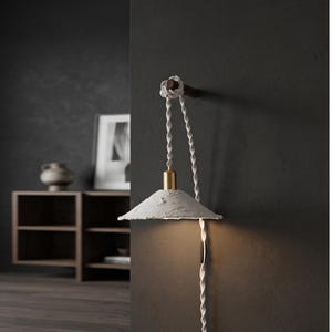 May include: A modern wall-mounted lamp with a textured, off-white shade and a brass-colored fixture. The lamp hangs from a twisted white cord, attached to a wooden mount. The design is minimalist and the overall color scheme is neutral.