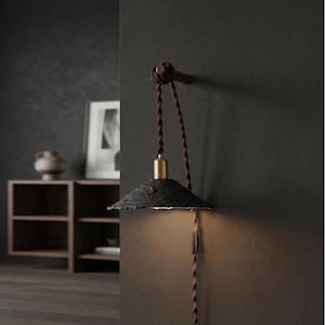 May include: A modern wall-mounted lamp with a black, textured shade and a brass-colored base. The lamp hangs from a brown, twisted cord and is attached to the wall with a wooden fixture. The design is minimalist and the lighting is warm.