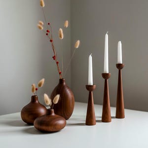 Handmade Wooden Vase Candlestick Holder Set: Rustic Minimalist Home Decor Centerpiece