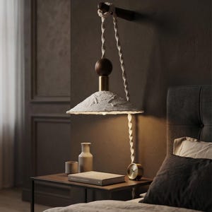 Travertine  Plug in Sconce Wall Lamp - Macrame Cord & Wooden Bracket Stone Light