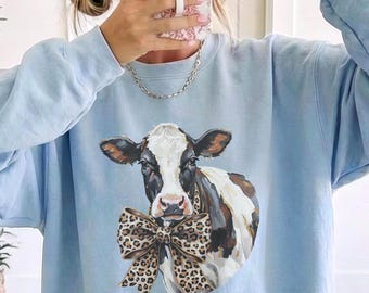 Cute Cow Sweatshirt, Western Leopard Cow Sweater, Cow Lover Gift, Farm Lover Pullover, Country Concert Shirt, Trendy Homestead Gift
