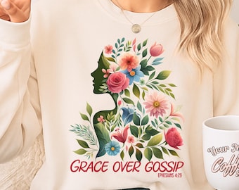 Christian Womens Long Sleeve Tee, Grace Over Gossip Gift, Wildflower Religious Gifts, Faith Based Floral Shirt, Bible Verse Tshirt