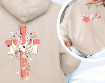 Felpa con cappuccio cristiana con croce floreale Coquette, felpa con cappuccio da donna, maglione cristiano accogliente, graziosa felpa con cappuccio per gli amanti di Gesù, felpa con cappuccio per la fede religiosa