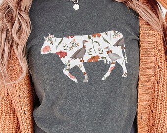 Maglietta vintage con oche e mucche a fiori, maglietta stile rustico Comfort Colors, regalo per la vita di campagna, maglietta per amanti delle mucche con fiori e civette, maglietta da mamma di fattoria, mamma di mucca