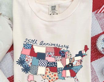 250th America Anniversary Shirt, US 250 Years Comfort Colors Tshirt, Patriotic Patchwork USA Map Tee, Semiquincentennial 4th of July Gift