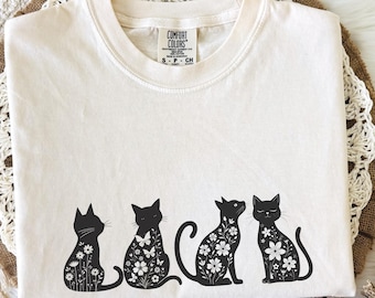 Floral Black Cat Tshirt, Comfort Colors Shirt, Flower Cats Gift, Black Cat Tee, Kitten T-Shirt, Cat Lover Shirts, Cat Mom Gifts