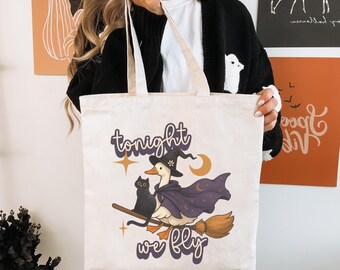 Halloween Goose Trick or Treat Tote Bag: Reusable Cotton Canvas