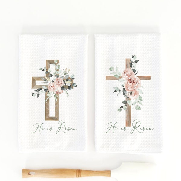 Easter Cross tea towel, He is Risen Easter towel, Easter kitchen towel, Easter decor, floral cross kitchen towel, waffle weave towel