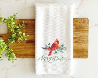 Christmas kitchen towel, red bird kitchen towel, woodland Christmas, holiday towel, Christmas dish towel, Christmas tea towel, waffle towel