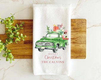 Christmas kitchen towel, personalized Christmas towel, green Christmas truck towel, custom kitchen towel, Christmas hostess gift