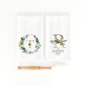 Monogram Christmas Wreath, Personalized Christmas kitchen Towel, personalized gift, custom kitchen towel, monogram towel, waffle towel