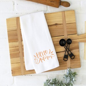 hello autumn kitchen towel, autumn kitchen towel, Thanksgiving kitchen towel, fall decor, hostess gift, housewarming gift