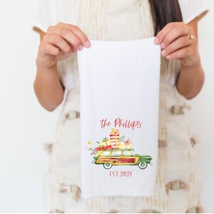 personalized Christmas kitchen towel, Christmas retro car kitchen towel, custom kitchen towel, holiday kitchen decor, hostess gift
