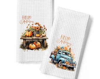 fall kitchen towel, hello autumn kitchen towel, Thanksgiving towel, fall kitchen tea towel, fall kitchen decor, hostess gift, seasonal gift