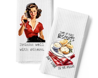 funny kitchen towel, retro housewife dish towel, waffle towel, drinks well with others towel, funny dish towel, housewarming gift