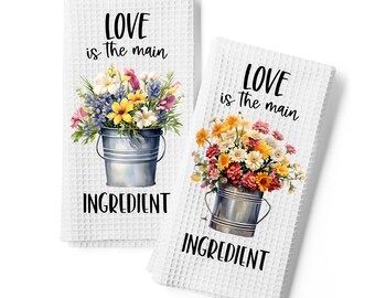 farmhouse kitchen towel, love is the main ingredient kitchen towel, farmhouse kitchen decor, waffle towel, farmhouse kitchen gift