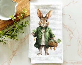 St. Patrick's Day kitchen towel, cute St. Patrick's day bunny towel, St. Patrick's Day decor, St. Patrick's day gift, waffle weave towel