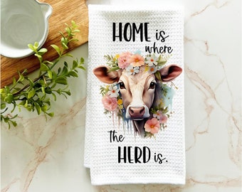 farm animal kitchen towel, farmhouse kitchen decor, farm kitchen gift, funny kitchen towel, waffle towel, home is where the herd is towel