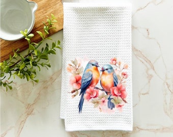 spring kitchen towel, spring bird floral dish towel, farmhouse kitchen towel, spring kitchen towel, farmhouse kitchen decor, waffle towel