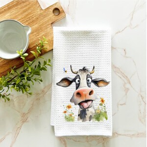 funny cow dish towel, farm animal kitchen towel, spring dish towel, farmhouse kitchen decor, waffle towel, farmhouse kitchen gift image 1