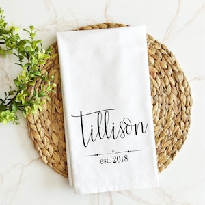 Personalized Tea Towel Custom Name Monogram Flour Sack Kitchen Towel Cotton Wedding Gift Newlywed Couple Present Housewarming Gift New Home Owner Bride Shower Hostess Present Machine Washable Heat Press Design Premium Quality Construction
