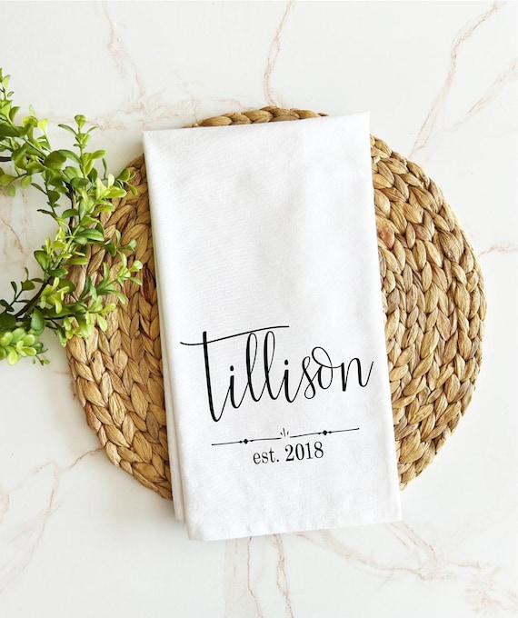 Personalized Tea Towel Flour Sack Kitchen Cloth Wedding Gift Housewarming Bride Shower Present Custom Newlywed Couple Name Monogrammed