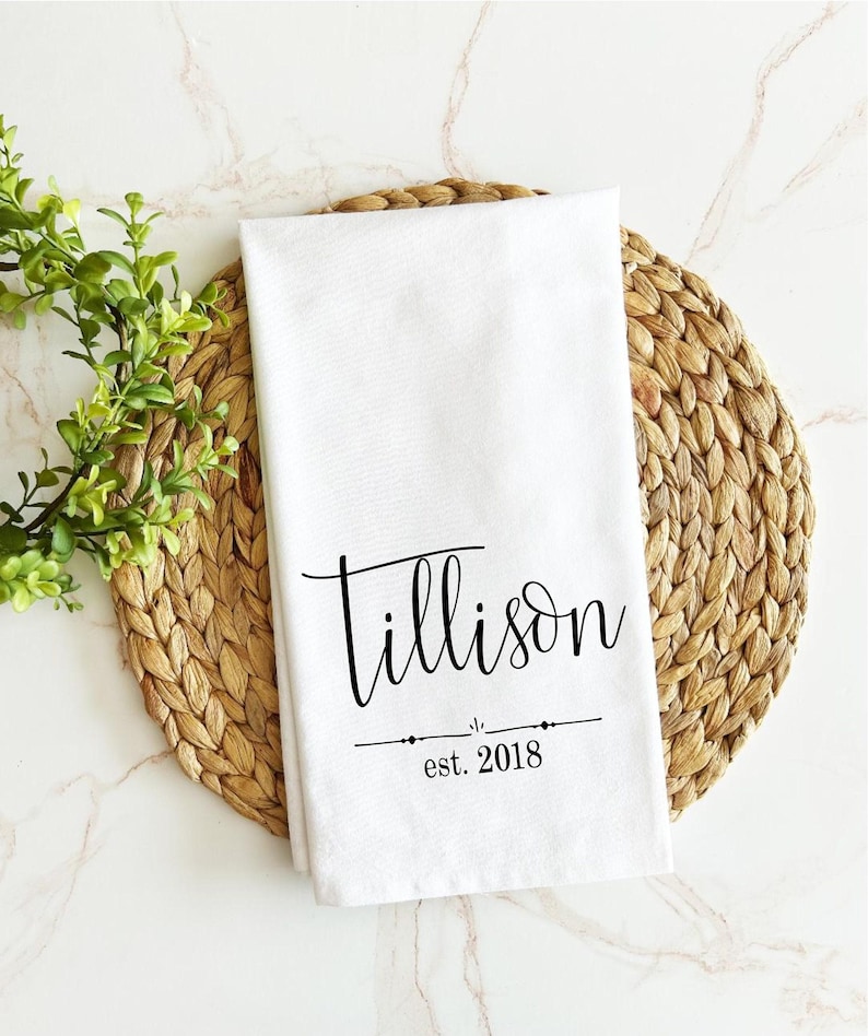 Personalized Tea Towel Custom Name Monogram Flour Sack Kitchen Towel Cotton Wedding Gift Newlywed Couple Present Housewarming Gift New Home Owner Bride Shower Hostess Present Machine Washable Heat Press Design Premium Quality Construction
