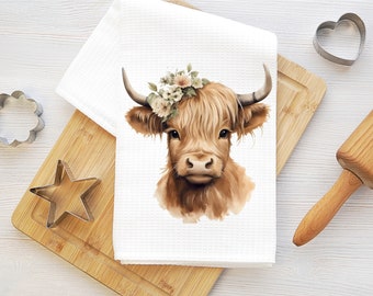 highland cow dish towel, cow kitchen towel, floral cow dish towel, farmhouse kitchen decor, waffle towel, farmhouse kitchen gift