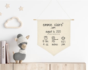 personalized birth stats banner, custom pennant, custom name banner, baby room decor, canvas banner, name banner, nursery decor