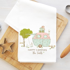 Camping dish towel, Happy campers kitchen towel, personalized kitchen towel, RV towel, camper decor, RV decor, waffle towel