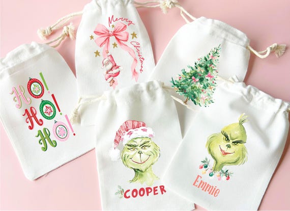 Personalized Christmas Bag Drawstring Gift Pouch Holiday Party Favor Bags Classroom Treat Storage Container Reusable Fabric Cotton Santa