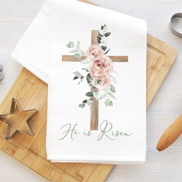 Easter Cross tea towel, Easter dish towel, He is Risen Easter towel, Easter decor, floral cross kitchen towel, waffle weave towel