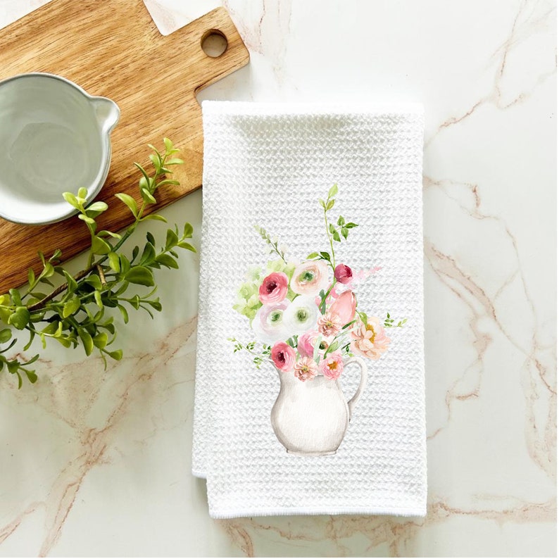 floral tea towel, spring floral kitchen towel, floral hand towel, wedding favor, hand towel, kitchen towel gift, waffle towel image 2