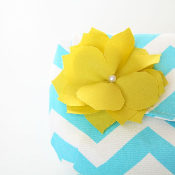 reserved for Stephanie - chevron clutch purse in aqua and white with detachable fabric flower in bright yellow / bridesmaid