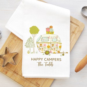 Happy Campers kitchen towel, Camping dish towel, personalized kitchen towel, RV towel, camper decor, RV decor, waffle towel