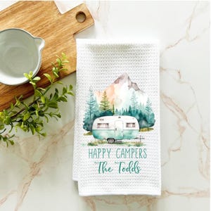 Camping Kitchen Towel Waffle Weave Personalized Dish Cloth Microfiber Hand Drying Camper Housewarming Gift Rv Motorhome Accessory Happy