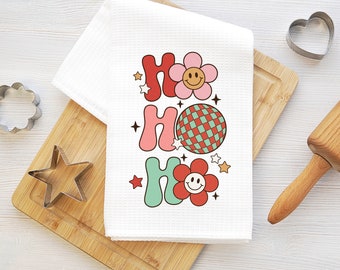 cute Christmas kitchen towel, Christmas dish towel, ho ho ho kitchen towel, retro kitchen towel, funny dish towel, waffle towel