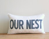 our nest decorative pillow cover, 12" x 20", natural, urban farmhouse industrial, typography, word pillow, wedding gift, newlyweds