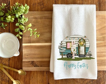 Easter kitchen towel, spring tea towel, gnome kitchen towel, Easter hand towel, waffle weave towel