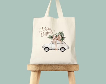 Christmas Tote Bag: Holiday Car, Gift Shopping, Cotton Canvas