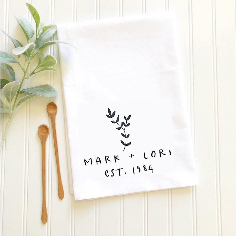 Custom Flour Sack Tea Towel Personalized Name Year Cotton Kitchen Linen Housewarming Gift New Home Essential Decorative Dish Towel Wedding Present Newlywed Couple Keepsake Farmhouse Style Decor Bride Hostess Gift Machine Washable