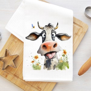 funny cow dish towel, farm animal kitchen towel, spring dish towel, farmhouse kitchen decor, waffle towel, farmhouse kitchen gift image 2