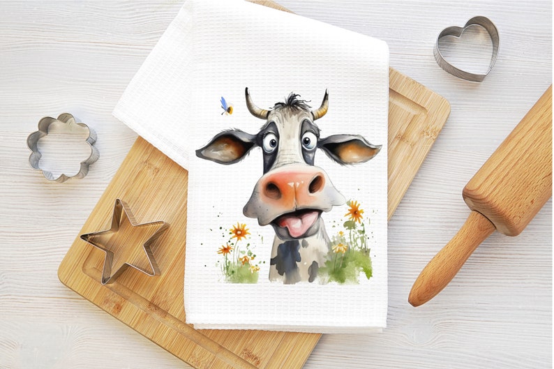 funny cow dish towel, farm animal kitchen towel, spring dish towel, farmhouse kitchen decor, waffle towel, farmhouse kitchen gift image 2