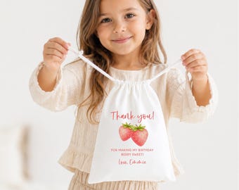 Berry Sweet Birthday Favor Bag Strawberry Theme Party Supply Kids Celebration Gift Pouch Drawstring Canvas Treat Holder Goodie Sack Children