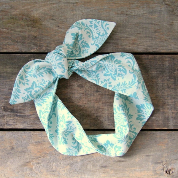 teal and cream damask headscarf, boho, tie up headband adjustable, summer and fall fashion, knotted headband