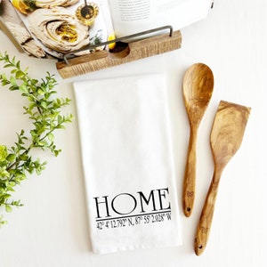 housewarming gift, coordinates tea towel, longitude and latitude tea towel, newlywed gift, personalized gift, home tea towel, hostess gift image 1
